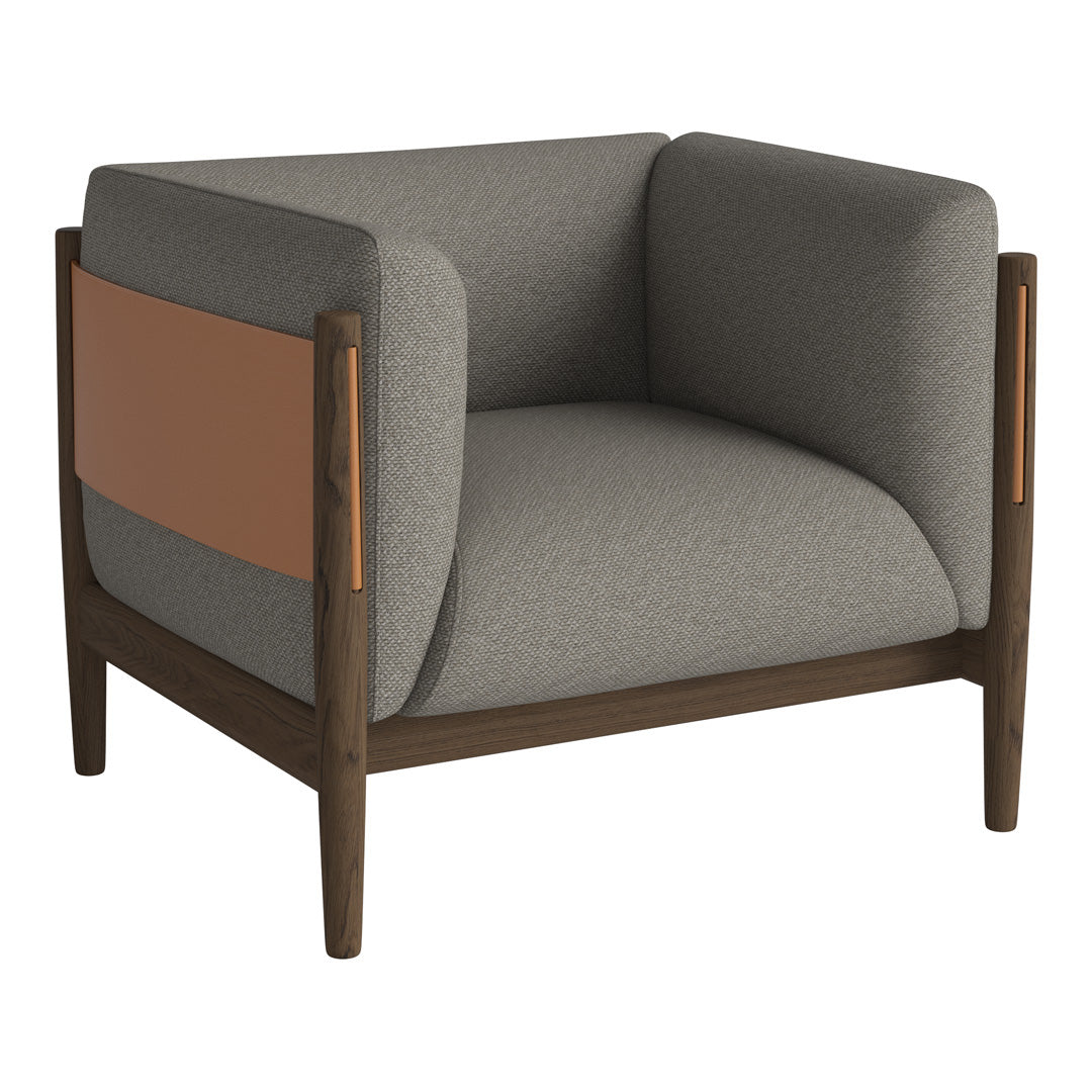 Gray and beige armchair with a brown accent and wooden legs, featuring a modern, minimalist design.