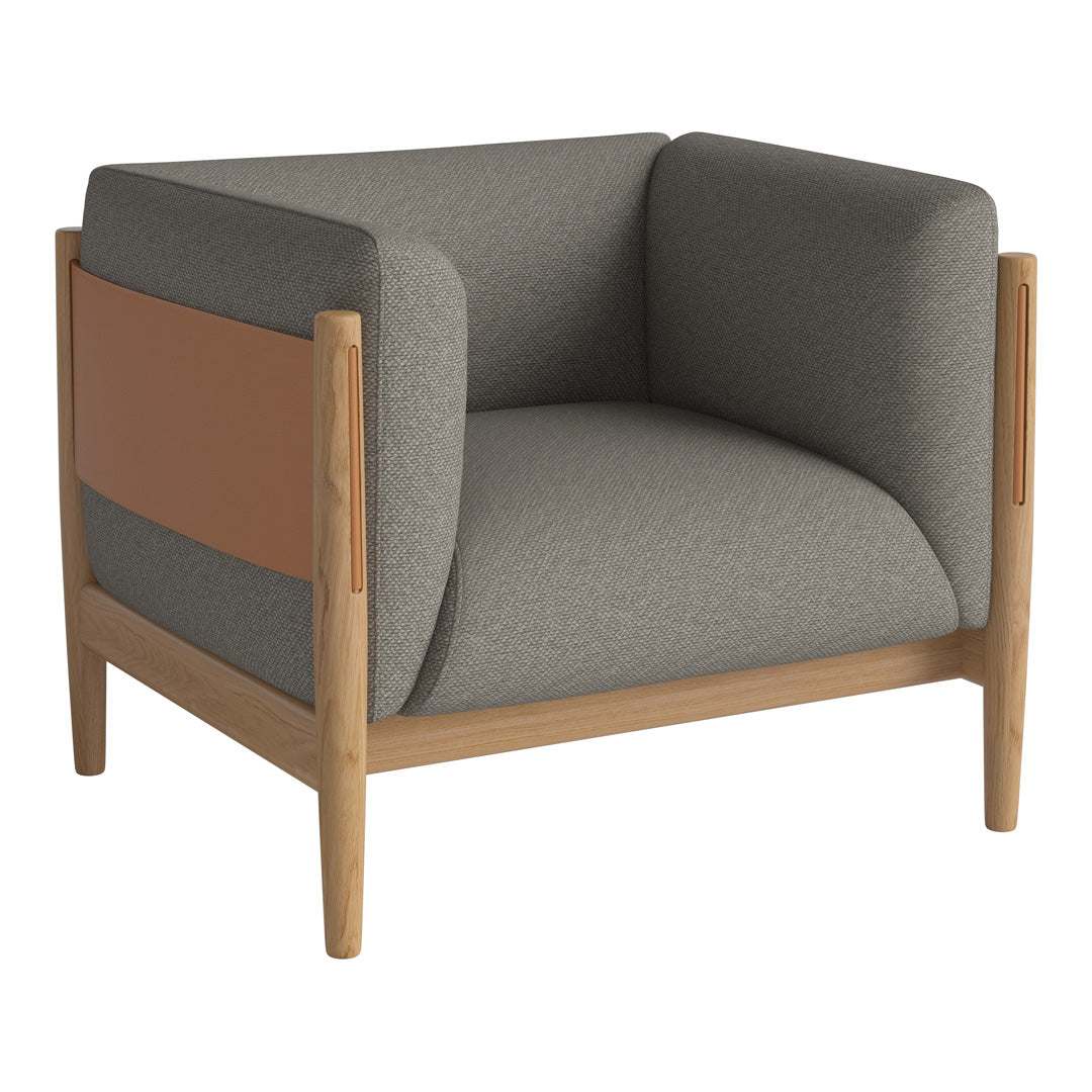Gray upholstered armchair with a contrasting tan panel and light wood frame, featuring a modern minimalist design.