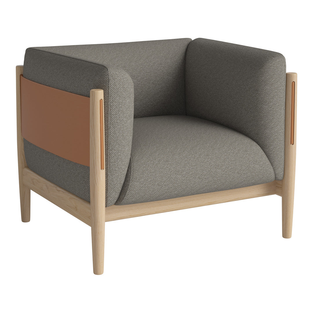 Gray and tan armchair with a sleek modern design and a smooth wooden frame. Cozy fabric texture highlighted.