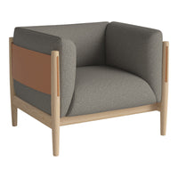 Gray and tan armchair with a sleek modern design and a smooth wooden frame. Cozy fabric texture highlighted.