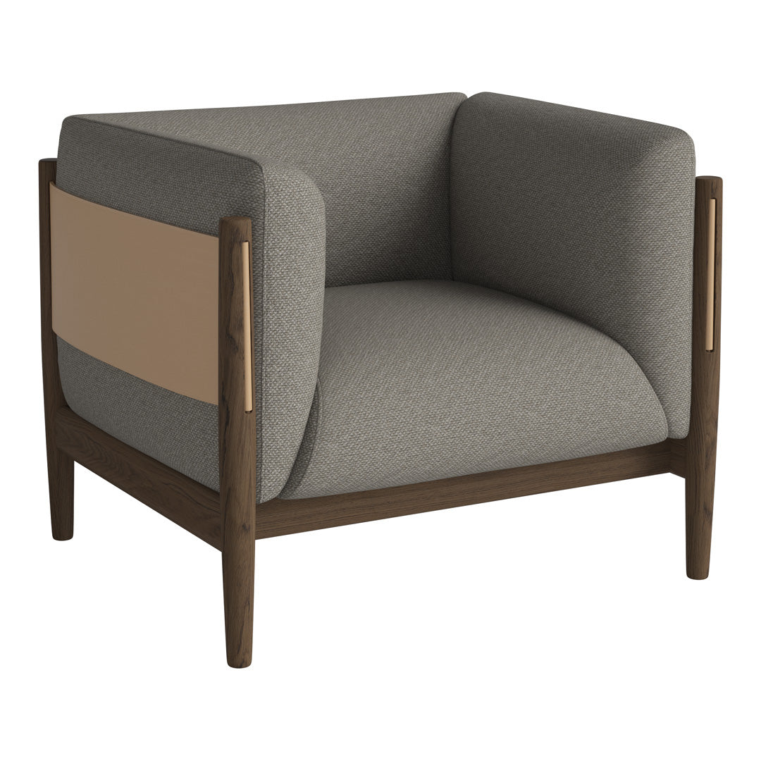 Gray upholstered armchair with a beige accent panel and dark wooden legs, showcasing modern minimalistic design.