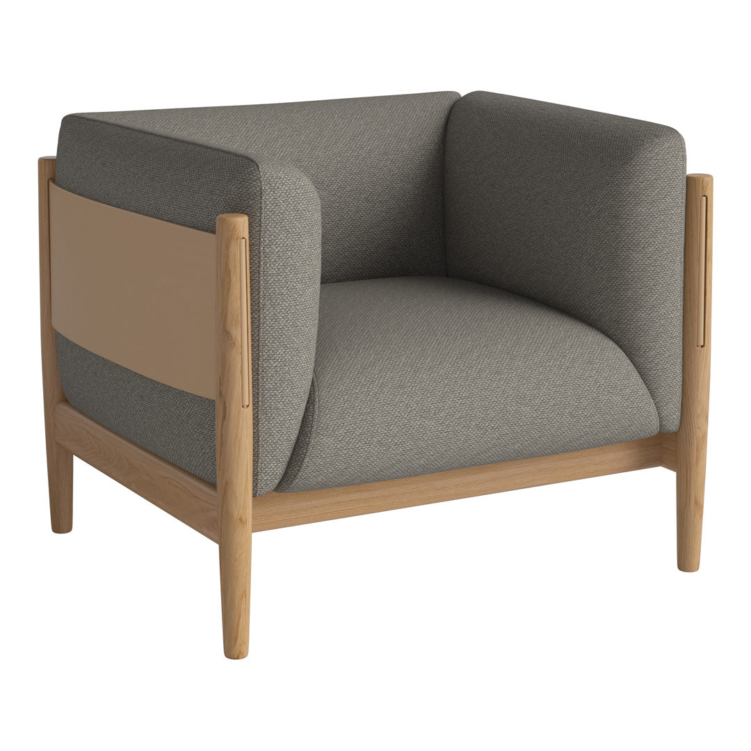 Gray and beige upholstered armchair with wooden frame, featuring a modern, minimalist design.