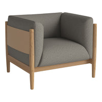 Gray and beige upholstered armchair with wooden frame, featuring a modern, minimalist design.