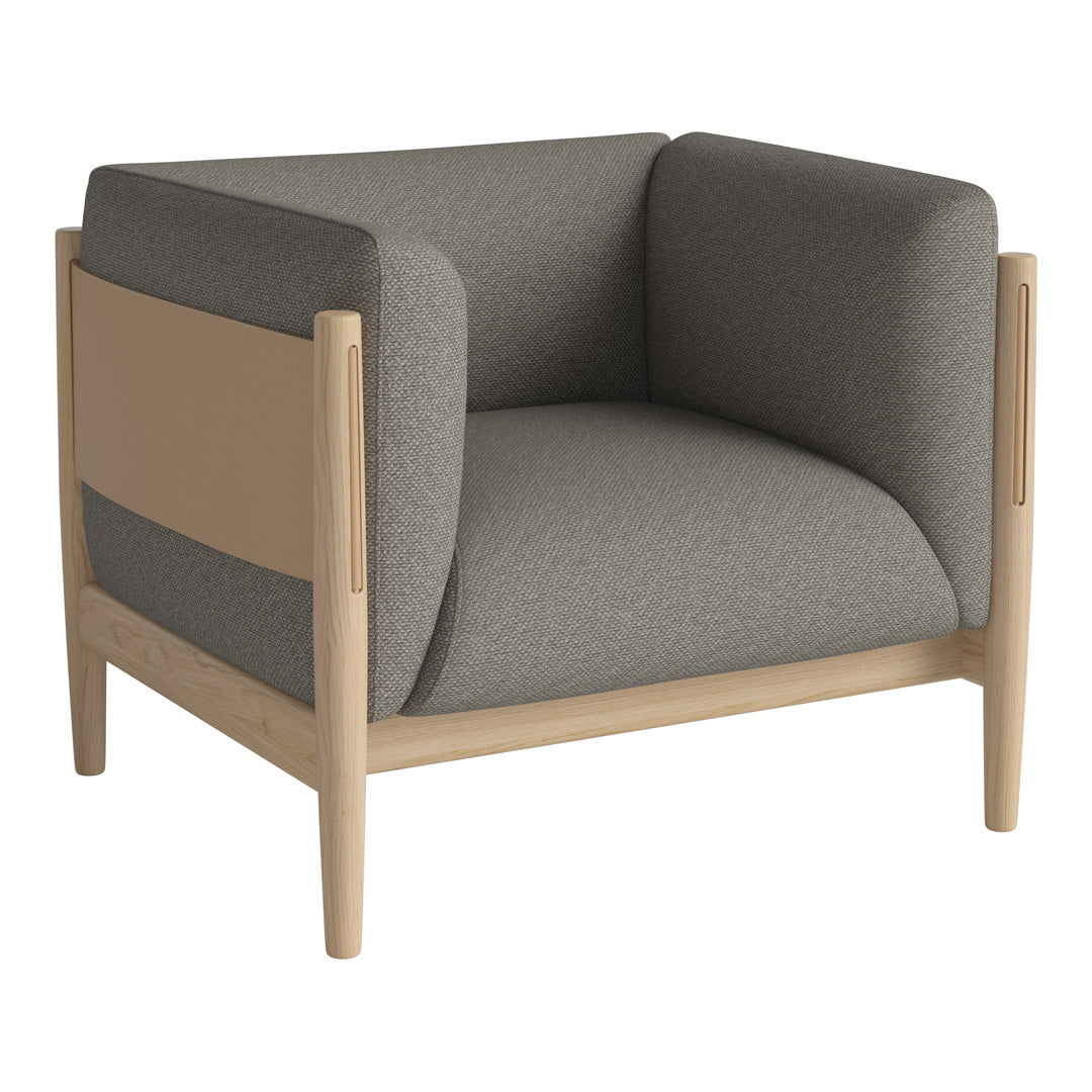 Gray and beige upholstered chair with smooth wooden frame, featuring a modern minimalist design and soft color contrast.