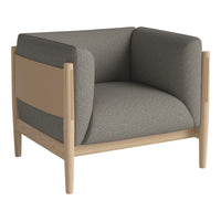 Gray and beige upholstered chair with smooth wooden frame, featuring a modern minimalist design and soft color contrast.