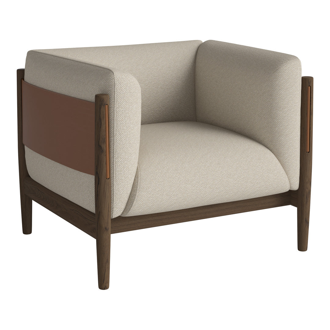 Beige and brown accent chair with a minimalist design and wooden frame, featuring a modern, stylish color block pattern.