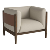 Beige and brown accent chair with a minimalist design and wooden frame, featuring a modern, stylish color block pattern.