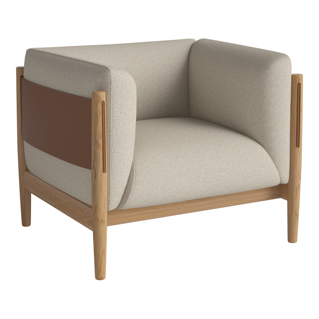 Modern armchair featuring cream and beige upholstery with a brown accent and natural wood legs. Stylish minimalist design.