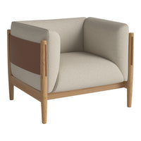 Modern armchair featuring cream and beige upholstery with a brown accent and natural wood legs. Stylish minimalist design.