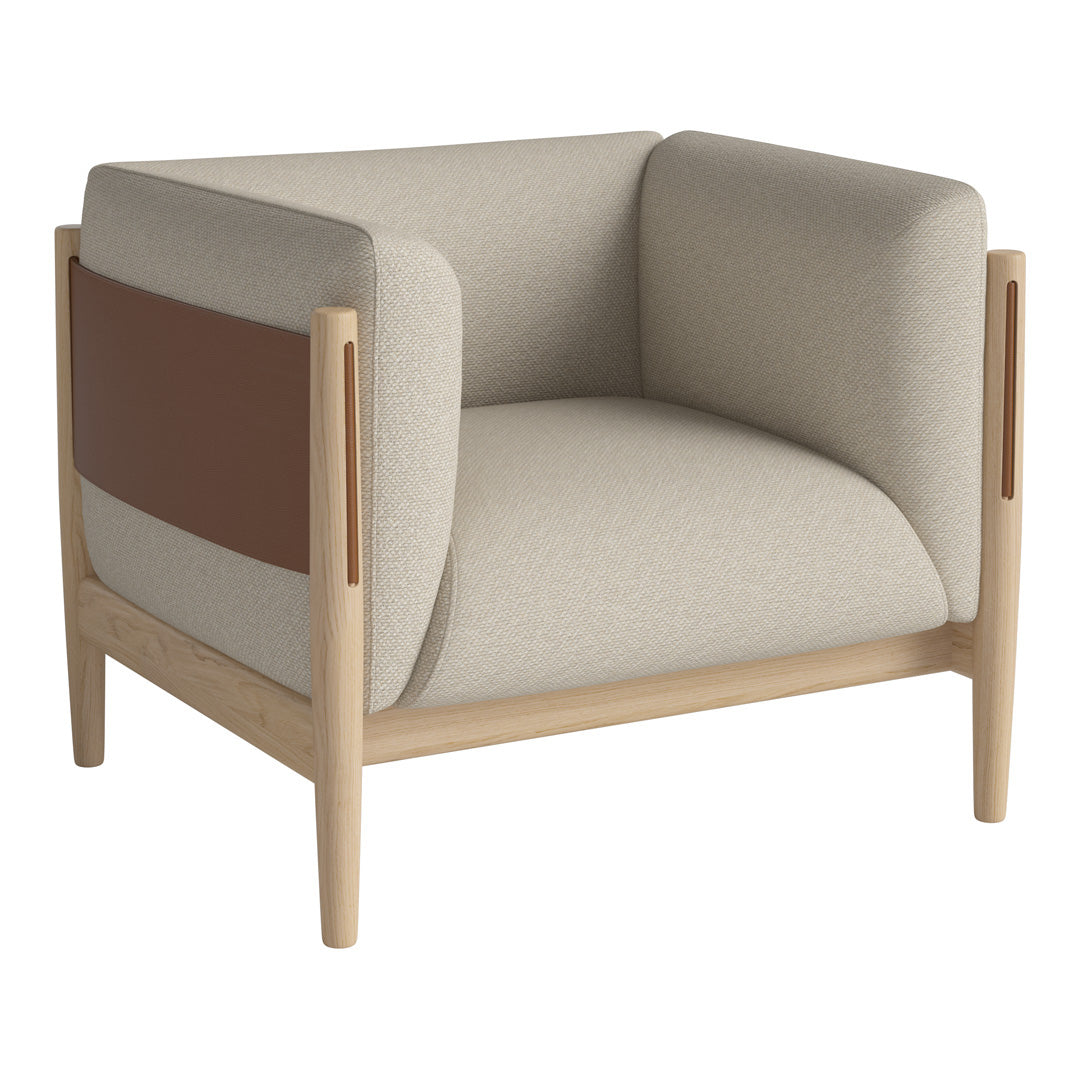 Neutral beige and cream armchair with a rich brown accent and natural wood legs, featuring a modern minimalist design.