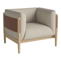 Neutral beige and cream armchair with a rich brown accent and natural wood legs, featuring a modern minimalist design.