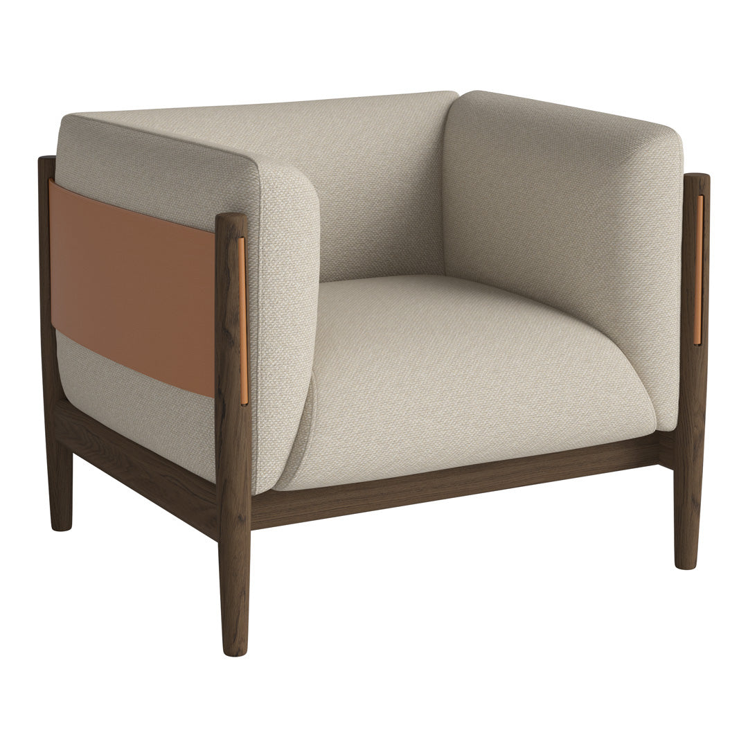 Beige armchair with orange accent and dark wood frame, featuring a modern, minimalist design.