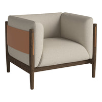 Beige armchair with orange accent and dark wood frame, featuring a modern, minimalist design.