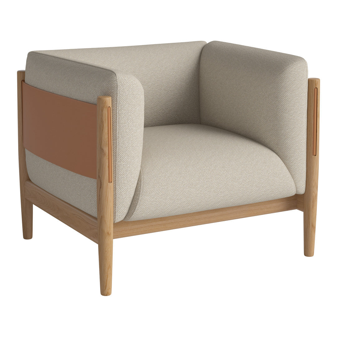 Beige and light brown armchair with a modern design, featuring a smooth fabric and wooden frame accents.