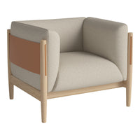 Beige and tan armchair with a minimalist design, featuring a soft fabric seat and wooden frame accents.