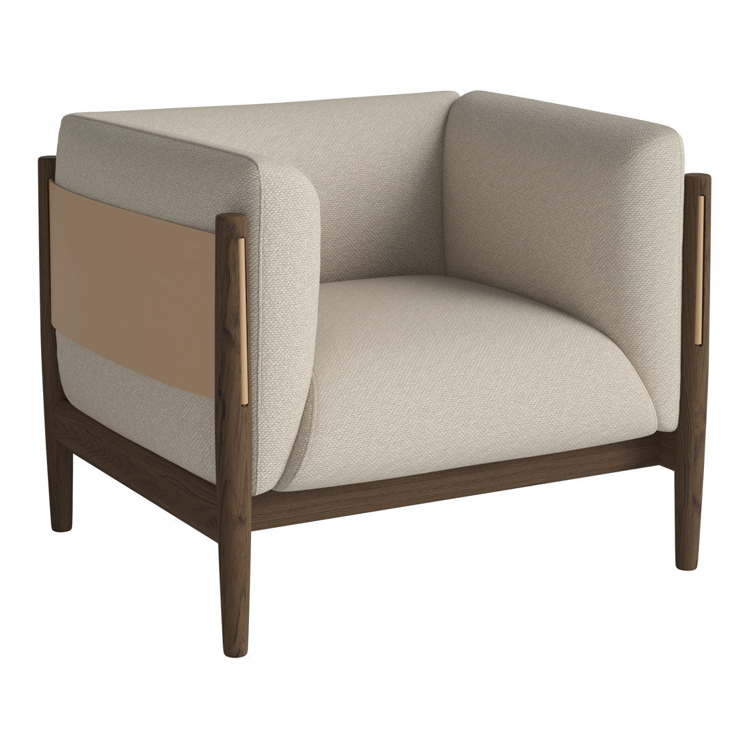 Beige and tan upholstered armchair with a wooden frame, featuring a minimalist, modern design.