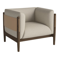 Beige and tan upholstered armchair with a wooden frame, featuring a minimalist, modern design.