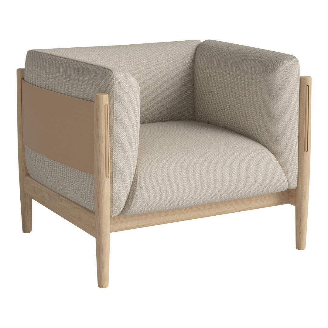 Beige and taupe armchair with soft, textured upholstery and a light wood frame. Modern and stylish design.
