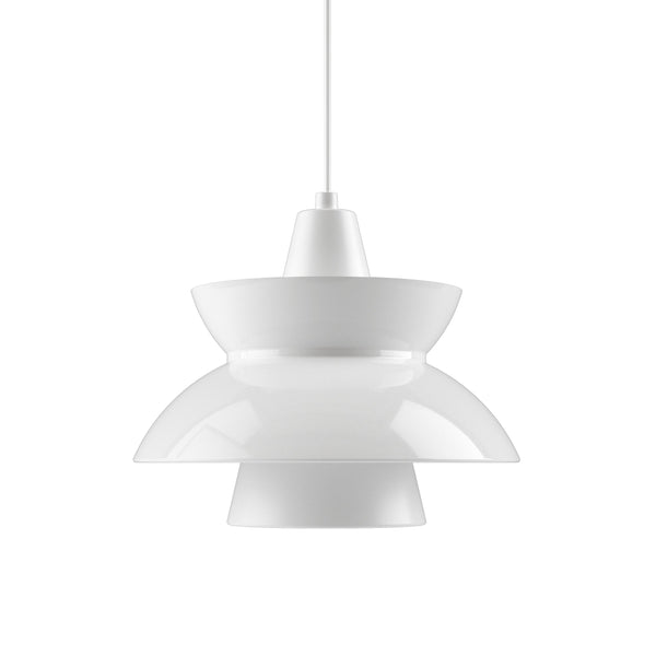 Modern white pendant lamp with layered design and smooth glossy finish. Ideal for contemporary decor.