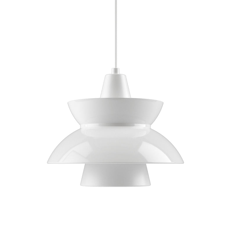 Modern white pendant lamp with layered design and smooth glossy finish. Ideal for contemporary decor.