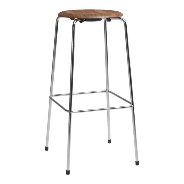 "Modern bar stool with a natural wood seat and sleek chrome legs, featuring a minimalist design."