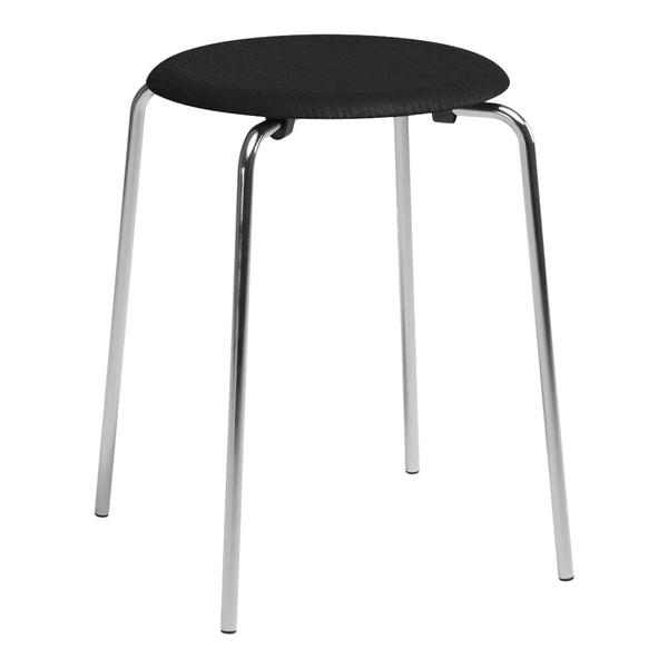 Black round stool with a sleek chrome base, featuring a minimalist design and smooth surface. Ideal for contemporary spaces.