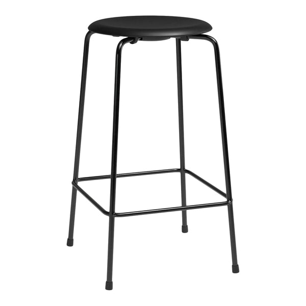 Black metal bar stool with a simple round seat and sleek, minimalist design. Perfect for modern decor.