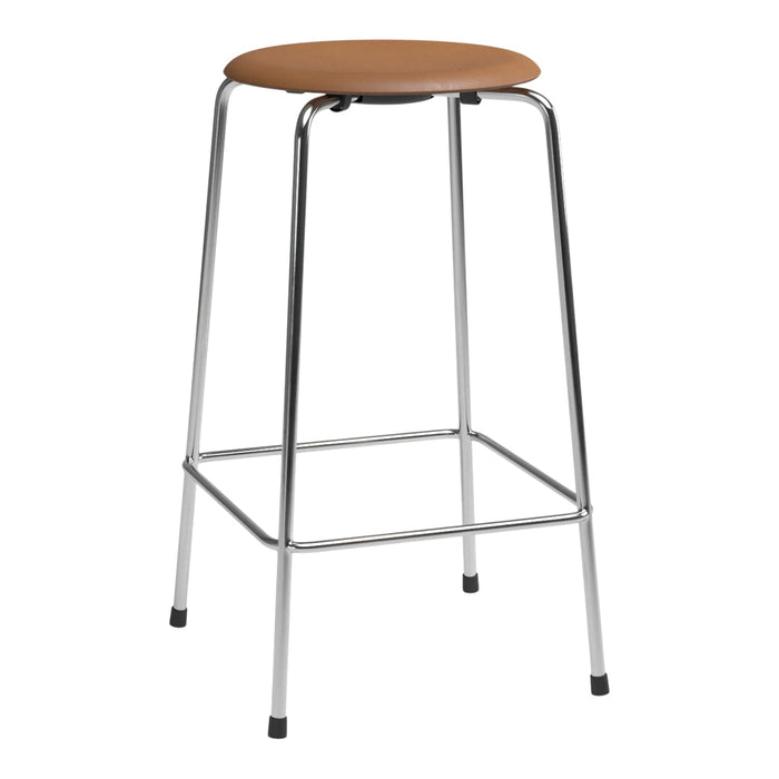 Brown leather seat with sleek chrome legs, featuring a minimalist design suitable for modern spaces.