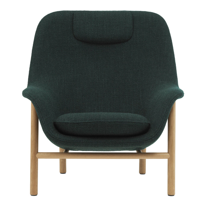 Dark green upholstered armchair with a smooth texture, featuring a minimalist wooden frame.