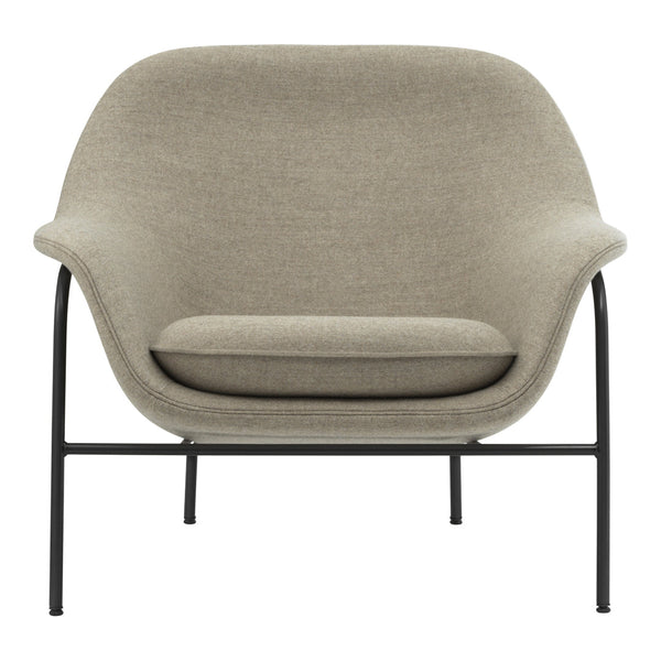 Beige upholstered chair with a minimalist design and black metal frame, perfect for modern decor.
