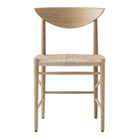Natural wood chair with a curved backrest and woven seat, featuring a light beige color and minimalist design.