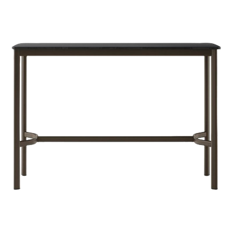 Black tabletop with a sleek, matte finish, supported by a dark brown metal frame. Simple, modern design.