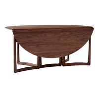 Round walnut dining table with a smooth, rich brown finish and minimalist geometric base. Ideal for modern decor.