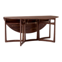 Mid-century modern drop-leaf table in rich walnut finish with smooth rounded edges and geometric frame.