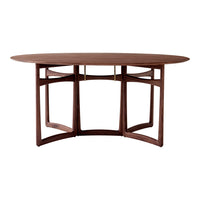 Stylish oval wooden dining table in rich walnut finish with sleek geometric patterns in the base. Perfect for modern decor.