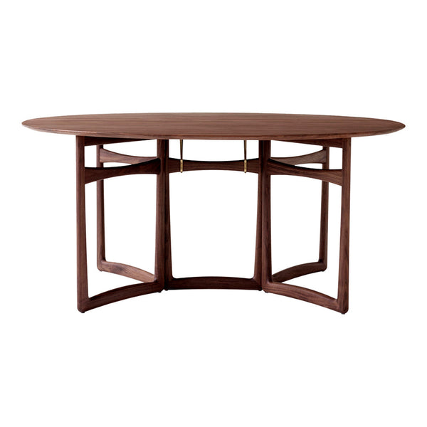 Stylish oval wooden dining table in rich walnut finish with sleek geometric patterns in the base. Perfect for modern decor.
