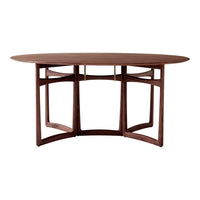 Stylish oval wooden dining table in rich walnut finish with sleek geometric patterns in the base. Perfect for modern decor.