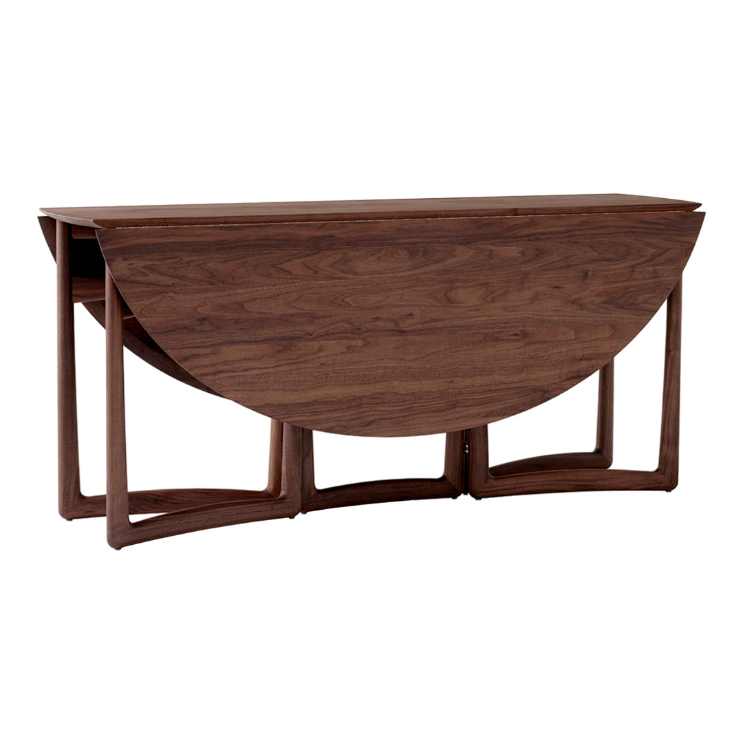 Walnut wood console table with a sleek design and a half-moon shape, featuring smooth, rich brown tones.