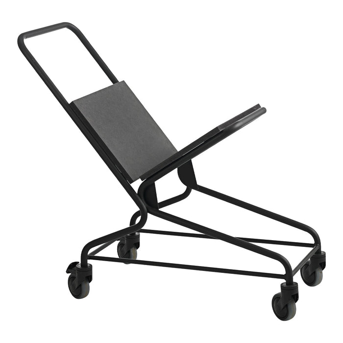 Black metal rolling chair with a sleek, minimalist design and a contoured seat for comfort.