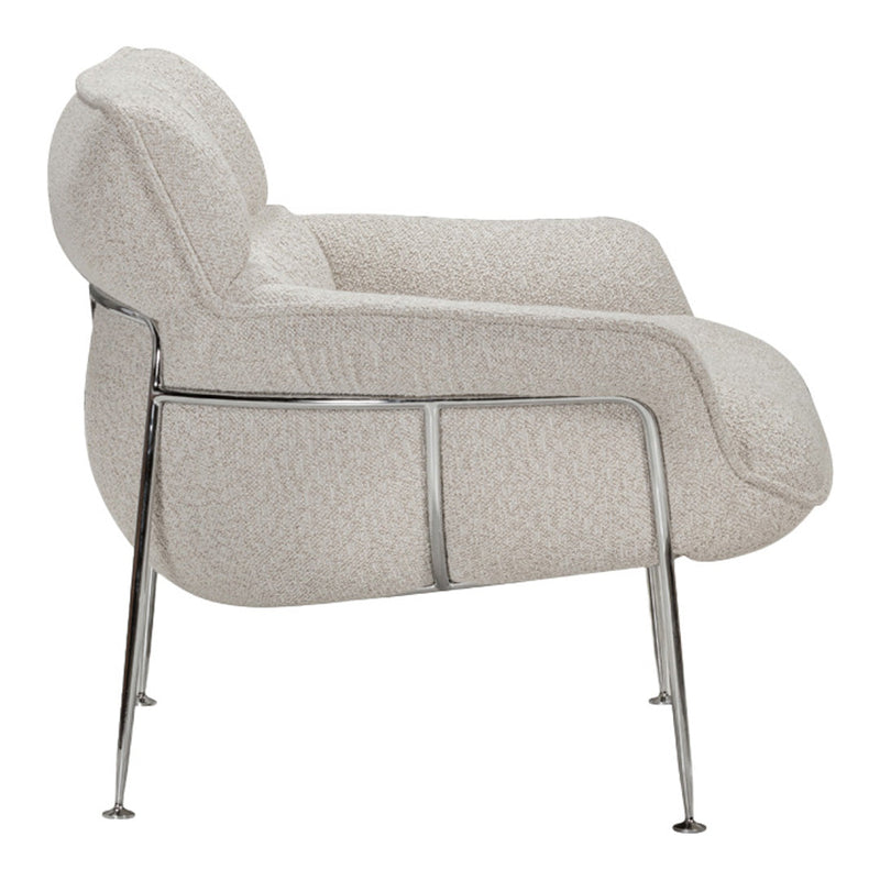 Light gray upholstered chair with a textured pattern and sleek chrome legs, offering a modern and minimalist look.