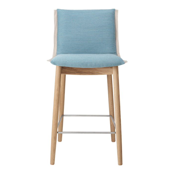 Blue upholstered bar stool with light wood legs and a simple, modern design. Ideal for contemporary decor.