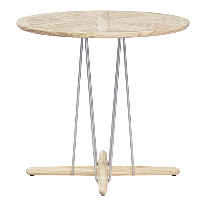 Natural wood circular table with subtle geometric patterns and a sleek silver metal base. Perfect for modern decor.