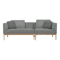 Modern gray loveseat with subtle patterns and light wooden legs. Ideal for contemporary living spaces.