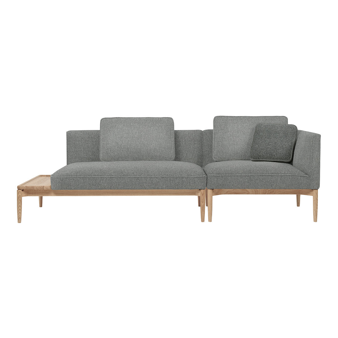 Modern gray sectional sofa with textured fabric and light wooden legs, featuring a minimalist design.
