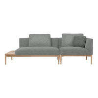 Modern gray sectional sofa with textured fabric and light wooden legs, featuring a minimalist design.