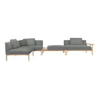 Modern gray upholstered sectional sofa with a natural wood frame and clean lines, perfect for contemporary decor.