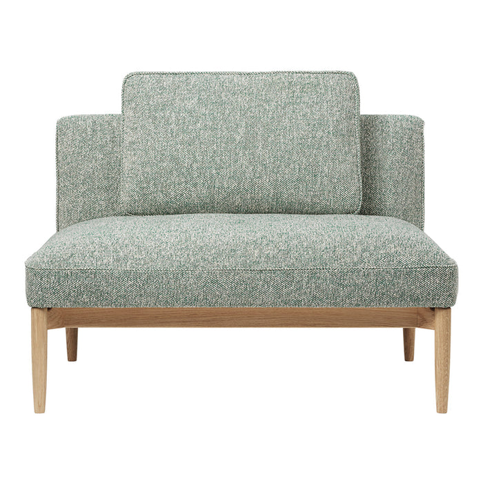 Light green textured fabric loveseat with minimalist design and natural wood legs. Perfect for modern decor.