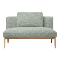 Light green textured loveseat with minimalist wooden legs, featuring subtle patterns for modern decor.