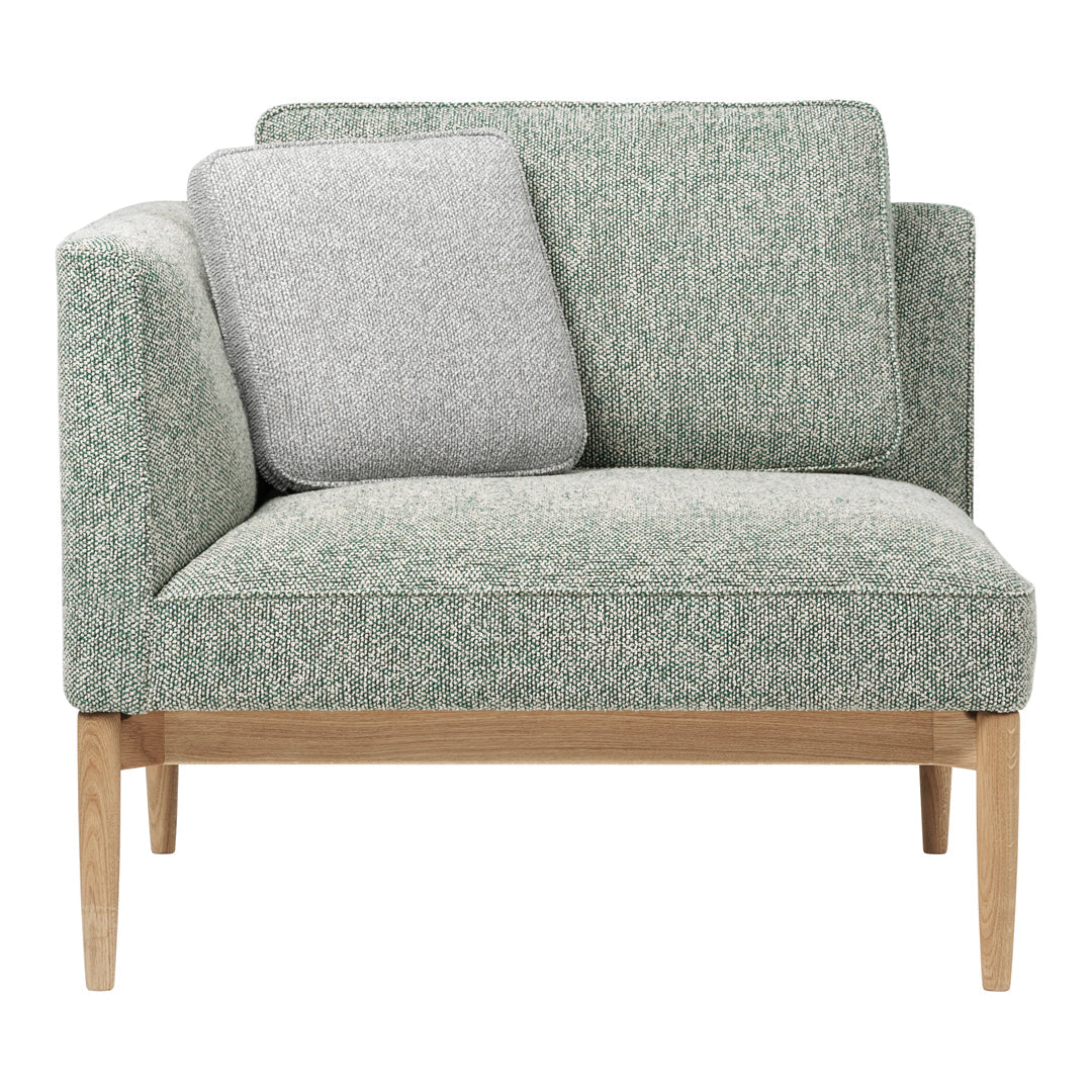 Stylish green and gray upholstered chair with textured fabric and wooden legs, perfect for modern living spaces.