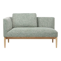 Mint green textured fabric sofa with minimalist wooden legs, featuring a modern, clean design. Perfect for contemporary decor.